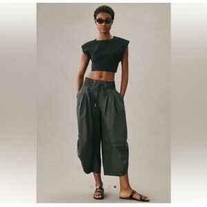 By Anthropologie XS Ruched Poplin Parachute Pants Dark Gray Wide Leg Drawstring